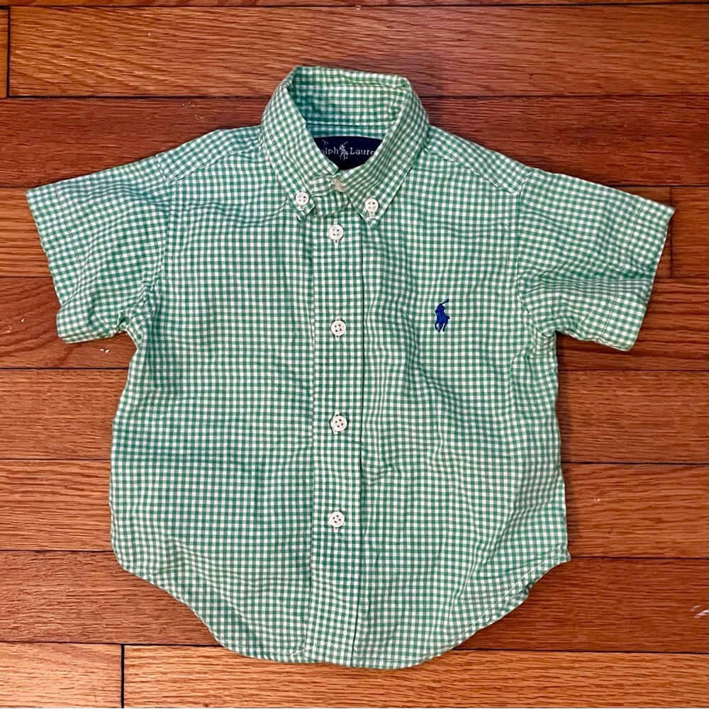 Ralph Lauren Baby Boys 12M Short Sleeve Button Down Shirt Green Gingham